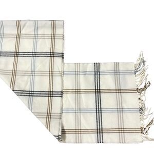 New 100% Cashmere MADE IN SCOTLAND Fringe Trim BEIGE Ivory GRAY Plaid Scarf